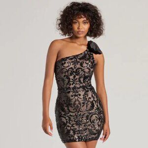 Allison One-Shoulder Velvet Bow Sequin Mini Dress
